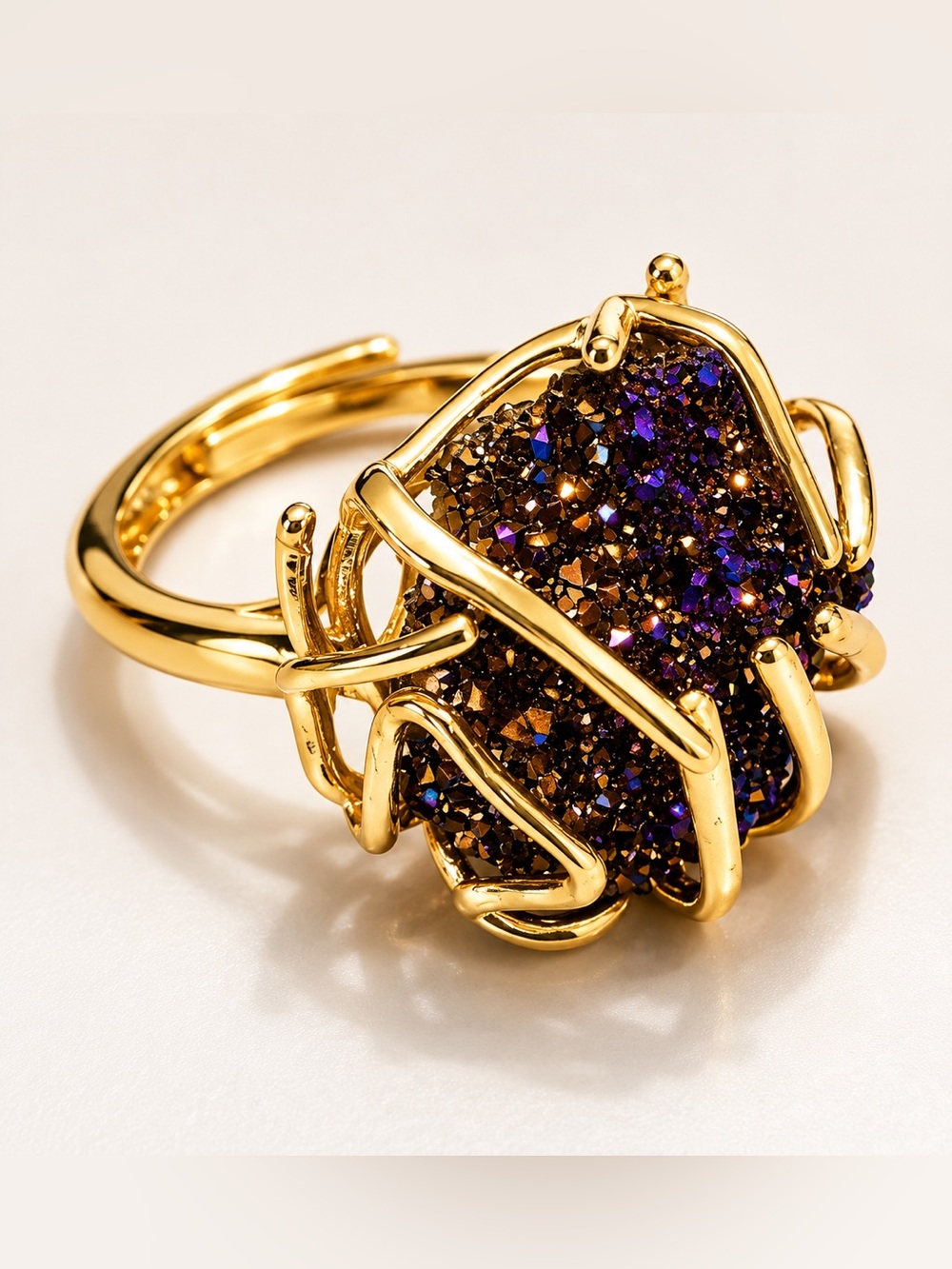 Gold Plated Wire-Encased Blue Quartz Statement Ring Adjustable